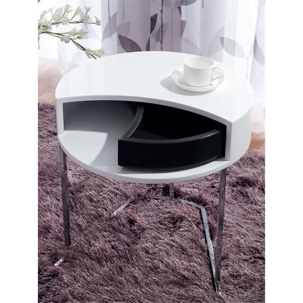 White auxiliar round table with black twist drawer 50 cm