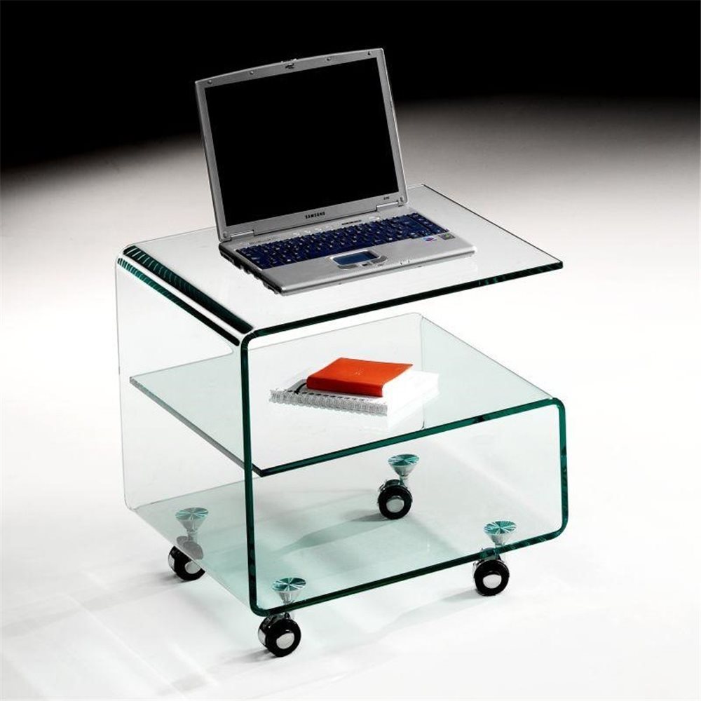 Curved glass side table with wheels 50 cm