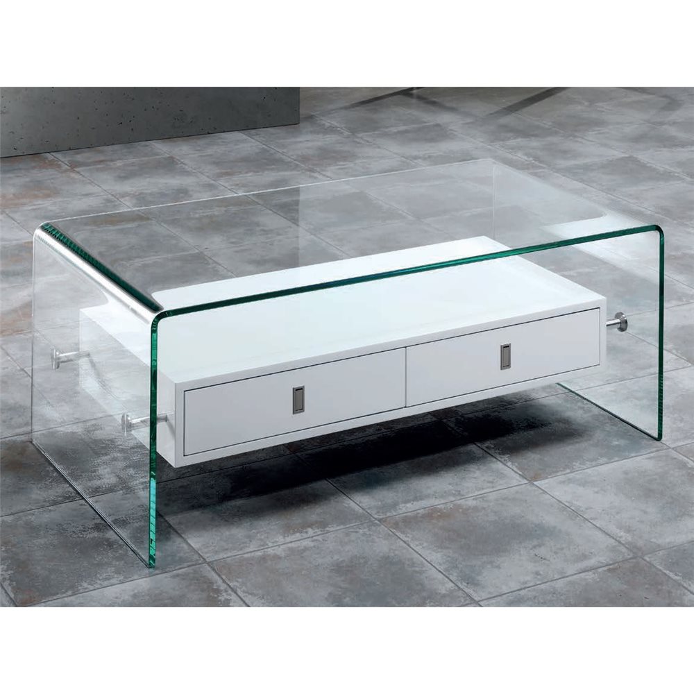 Tavolino in vetro curvato con due cassetti Darel 110 cm