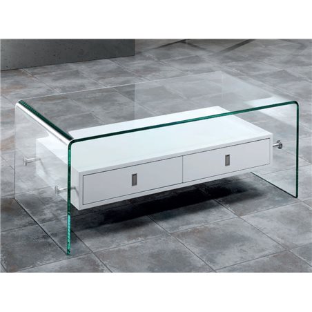 Tavolino in vetro curvato con due cassetti Darel 110 cm
