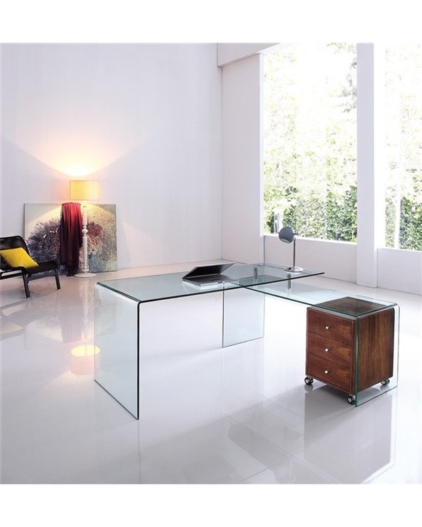 Conjunto de Oficina FRANCE NEW, mesa + mesa ala, cristal transparente