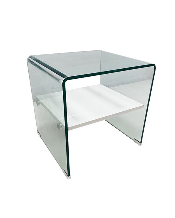 Mesa auxiliar de cristal curvado con cajón blanco CORIN - 50x45 cm