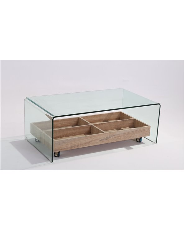 Mesa de centro de cristal templado y madera ARIANA - 110x55 cm