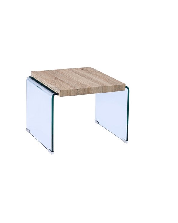 Mesa OSIRIS, baja, madera, cristal curvado, 55x55 cms