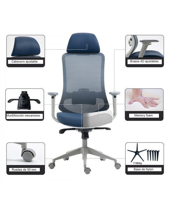 Sillón de oficina ARANJUEZ, alto, negro, ergonómico, multifunción, malla y asiento azul