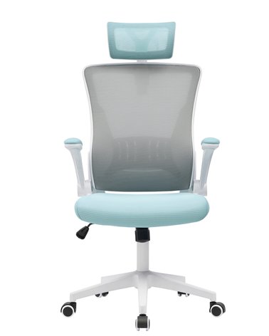 Sillón de oficina LAURO, alto, blanco, malla gris, asiento azul
