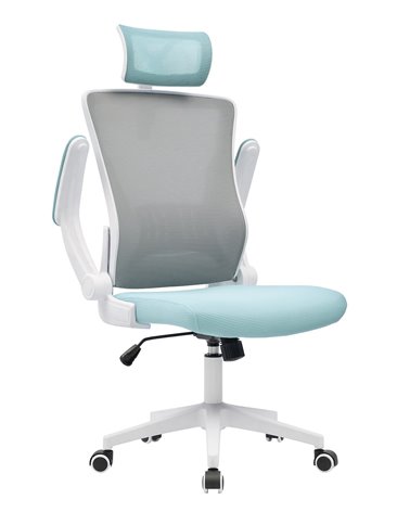 Sillón de oficina LAURO, alto, blanco, malla gris, asiento azul
