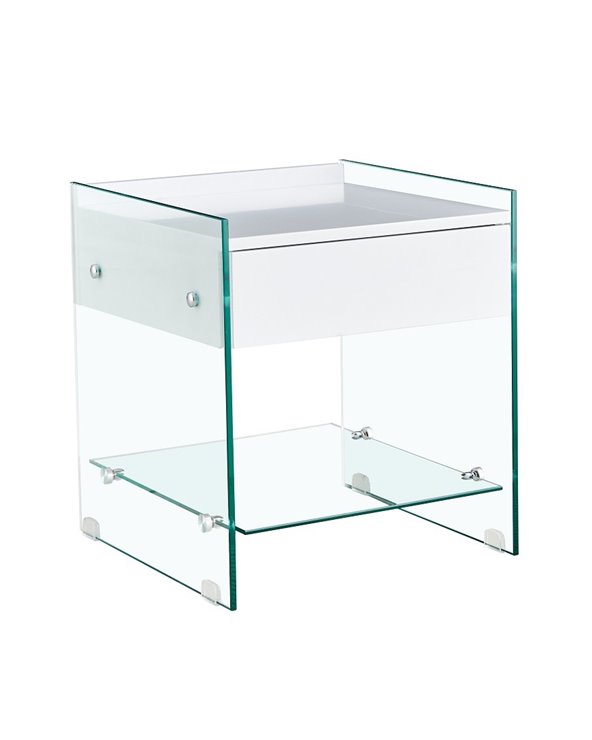 Mesa DARLING, cristal templado, cajón blanco, 45 x 45 cms