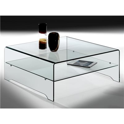 Transparent curved glass coffee table with shelf Amarina 100 cm