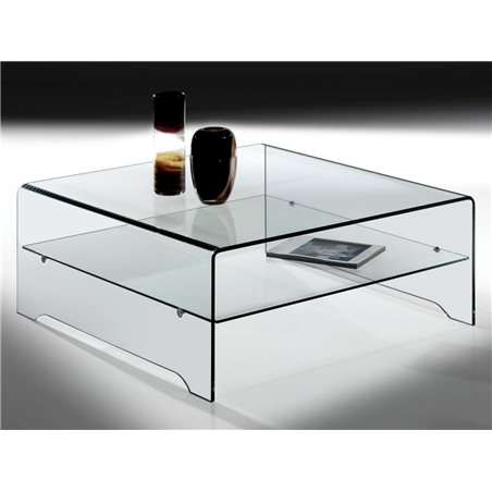 Table basse en verre courbe transparente avec étagère Amarina 100 cm