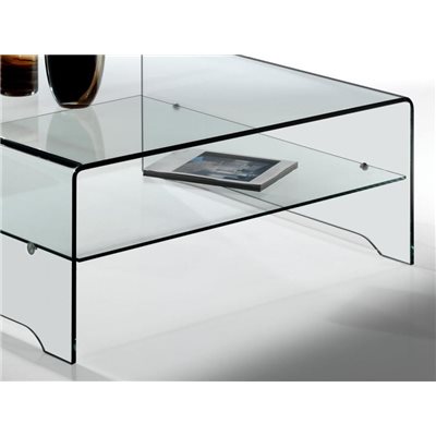 Transparent curved glass coffee table with shelf Amarina 100 cm