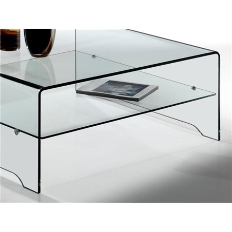 Table basse en verre courbe transparente avec étagère Amarina 100 cm